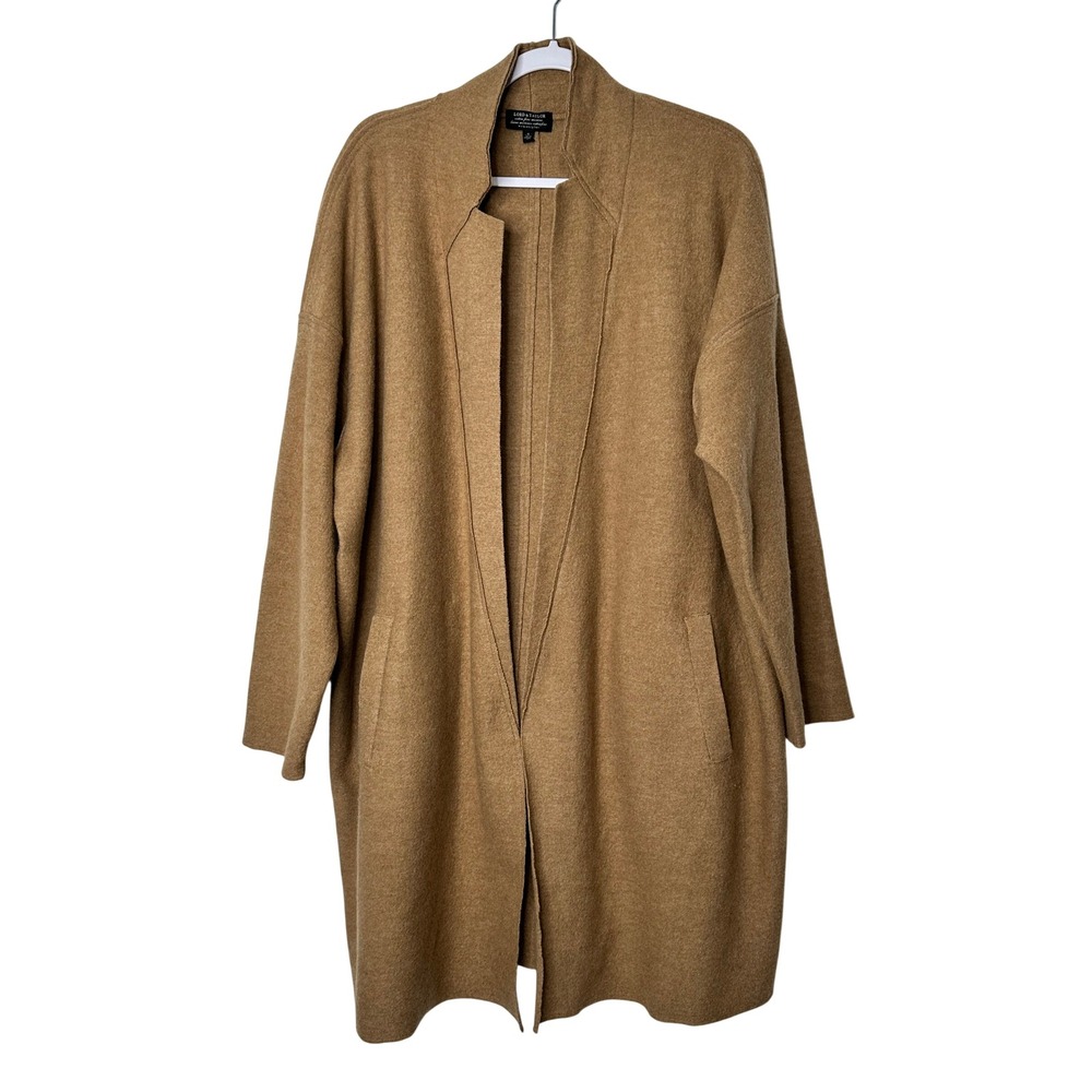 Lord & Taylor Cardigan 1X Tan Extra Fine Merino Wool Open Front Longline Sweater - Picture 2 of 9